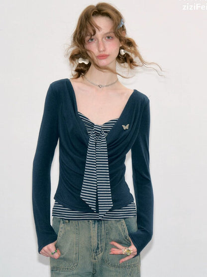 Striped Tie Knit Top Long Sleeve【s0000017880】