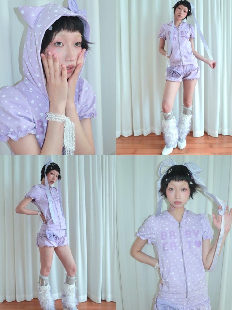 Bubble Sleeve Polka Dot Black White Purple Babycat Set【s0000009267】