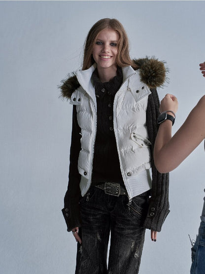 Fur Hooded White Duck Down Vest【s0000019093】