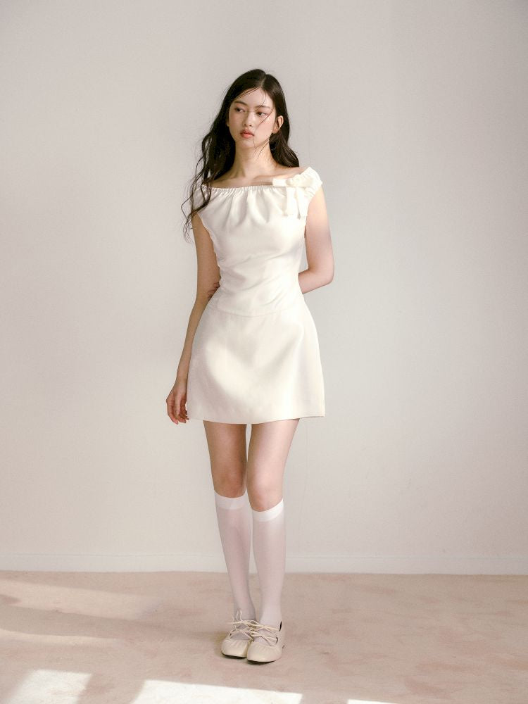 Satin Elastic One Shoulder Bowknot Waisted Dress【s0000013237】
