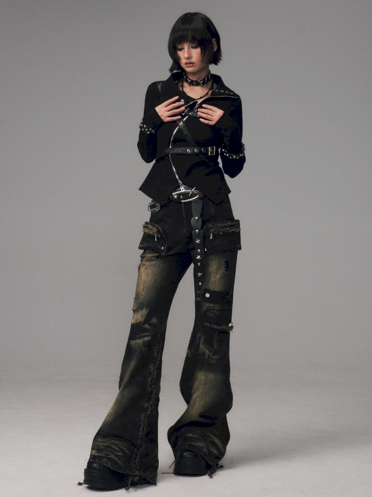 Punk Vintage Washed Drawstring Flared Pants【s0000014706】