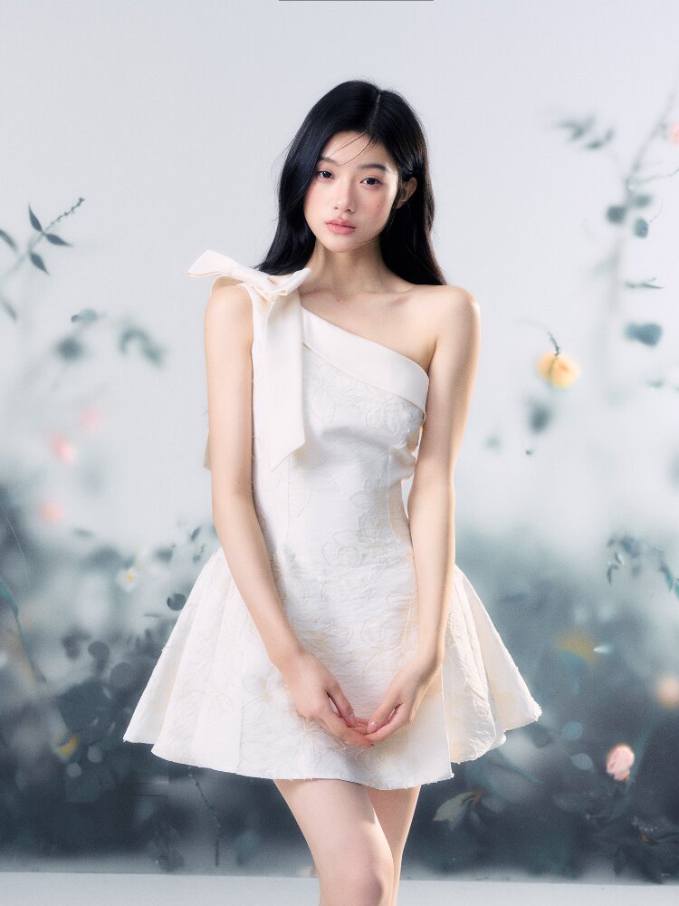 Flower Texture Bow Mini Dress【s0000015916】