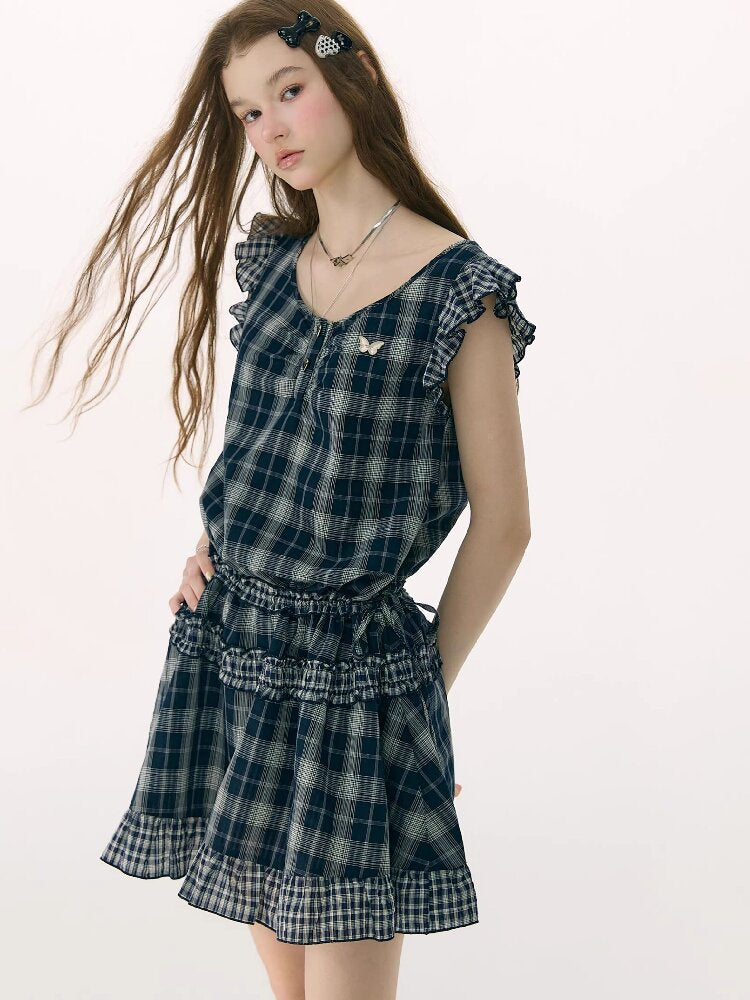 Spliced Plaid Flying Sleeve Dress【s0000016844】