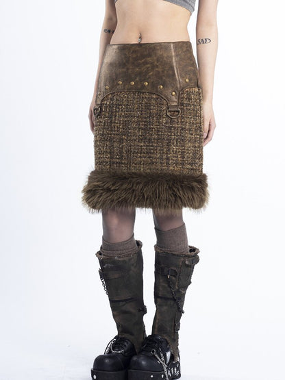 Patchwork PU Fur Rivet Skirt Set【s0000018047】