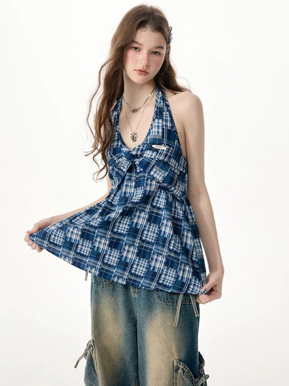 Plaid Twisted Halter Camisole【s0000017309】