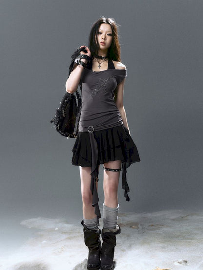 Chiffon ruffle patchwork off-the-shoulder dress【s0000012801】