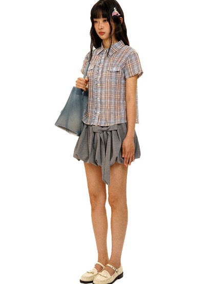 Vintage Plaid Lace Short Sleeve Shirt【s0000017437】