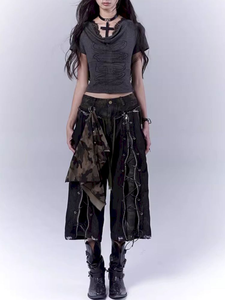 Openwork cross print lace T-shirt【s0000012847】