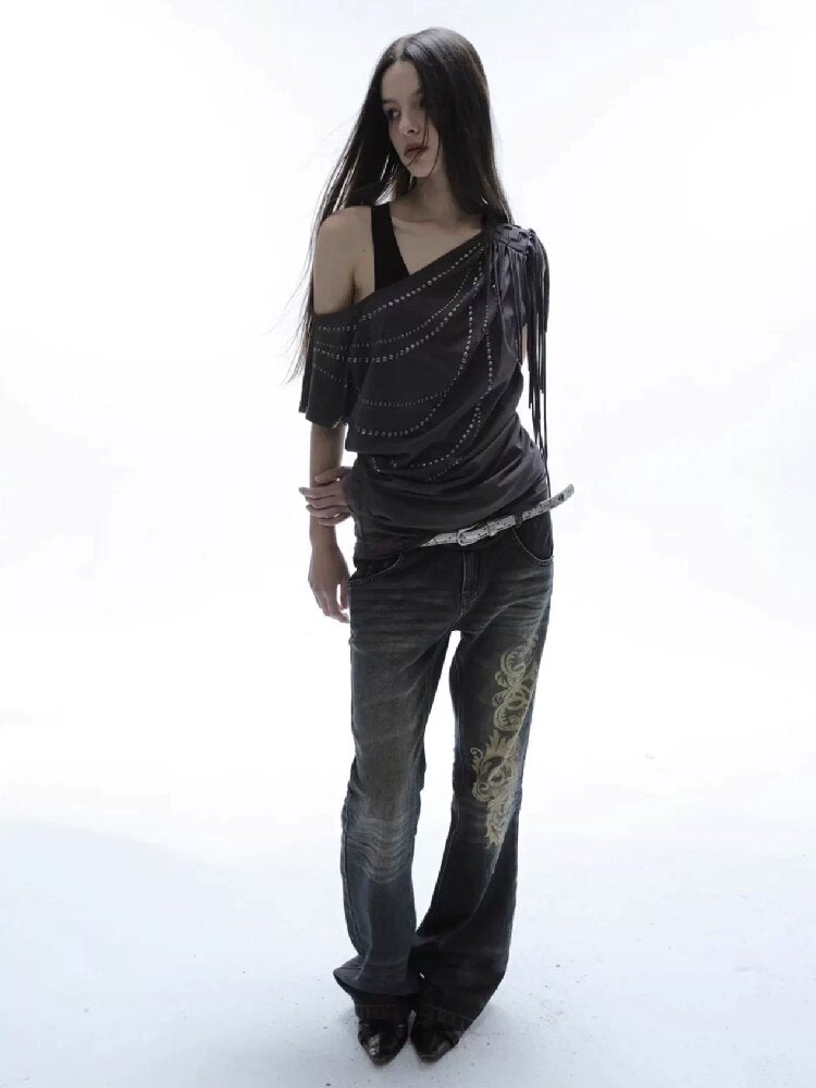 Distressed Baroque Graphic Jeans【s0000016569】