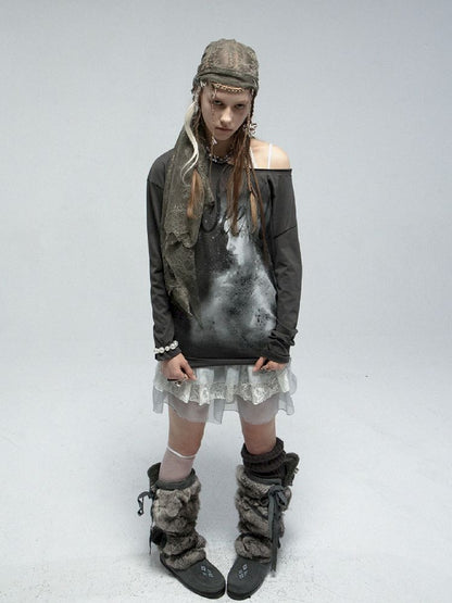 Slant Shoulder Round Neck Printed T-Shirt【s0000011842】