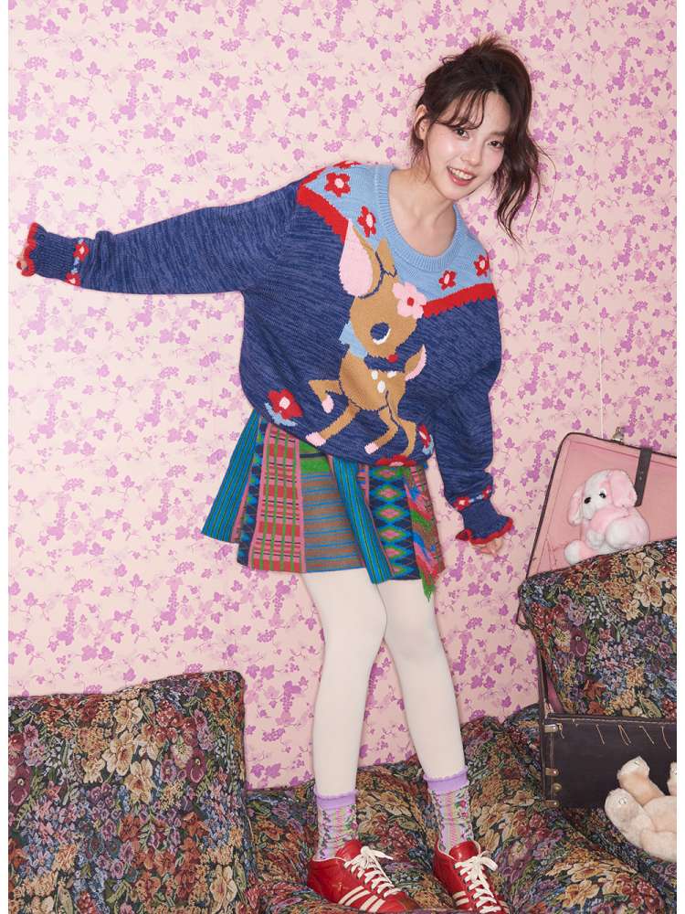 Navy Blue Off-white Fawn Sweater【s0000015025】