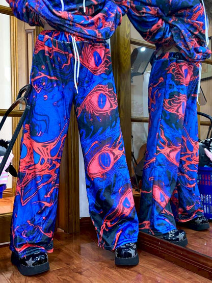 Blue Cell Plush Print Wide-Leg Pants【s0000014869】
