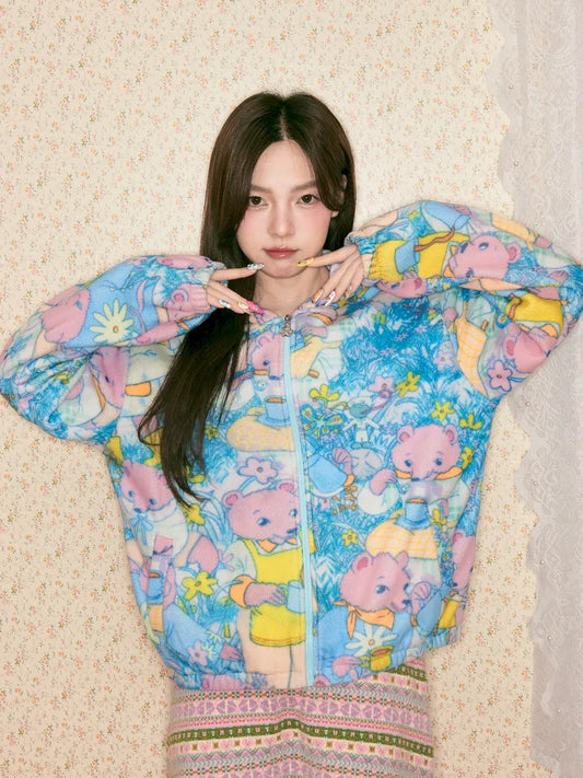 Bear Print Hooded Fleece Jacket【s0000014150】