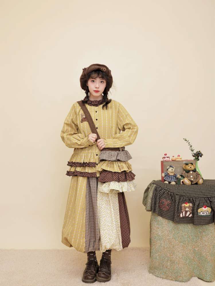 Vintage Girly Yellow Brown Flower Skirt【s0000014840】