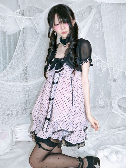 Polka dot strapless dress/chiffon bow jacket【s0000012689】