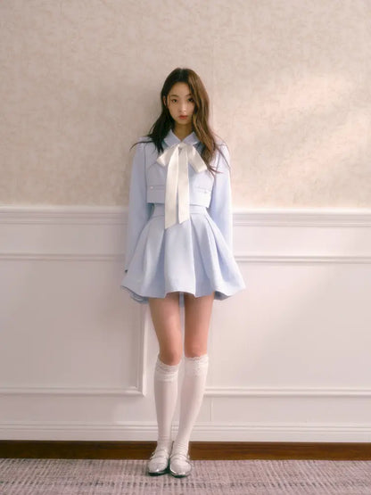 Tie-Front Short Jacket with High-Waisted Structured Pleated Puffy Skirt【s0000014341】