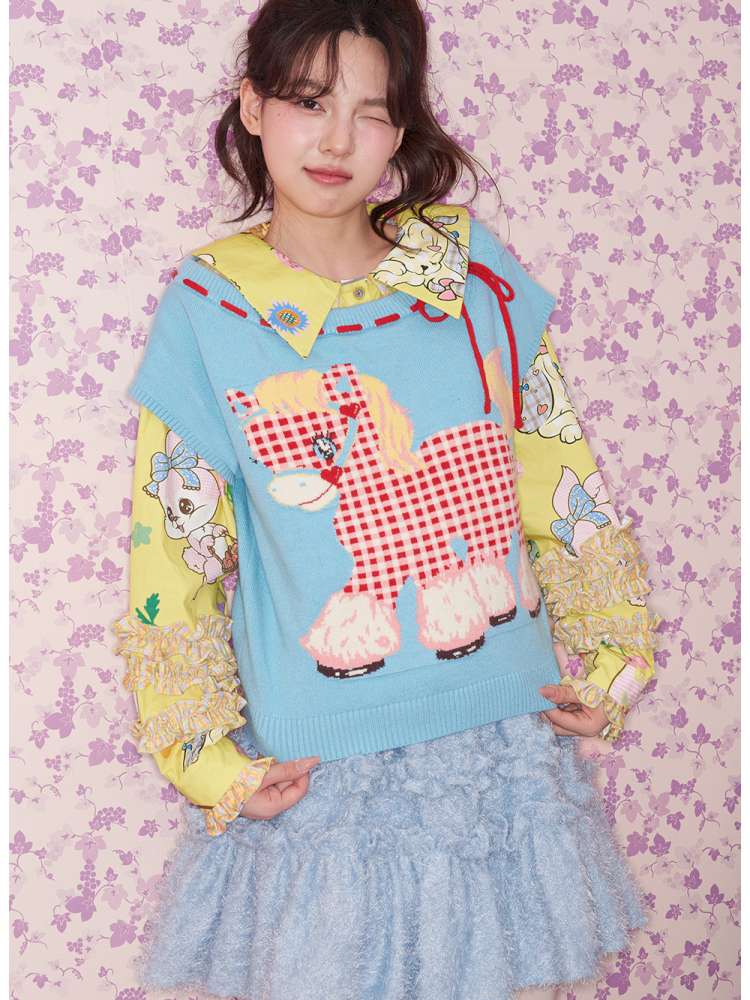 Blue Red Plaid Pony Knit Vest【s0000015023】