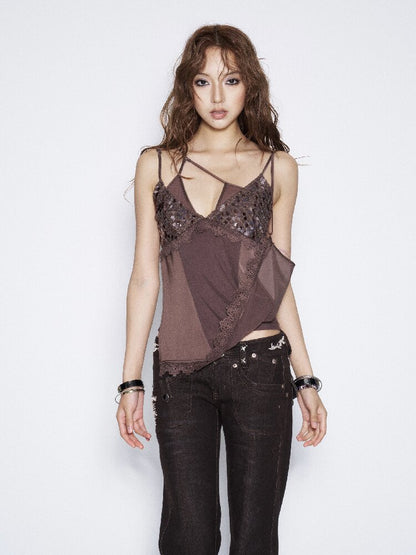 Sequin Lace Satin Suspender Top【s0000016673】