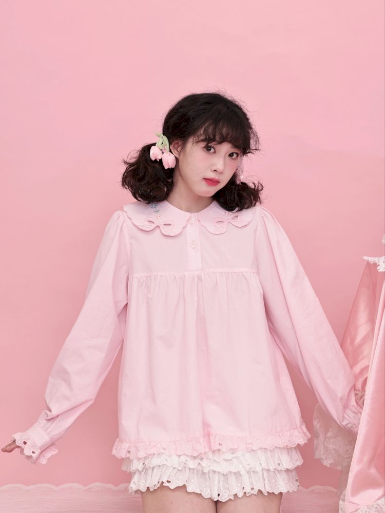 Doll Collar Zipper Neck Pink Lace Blouse【s0000013492】