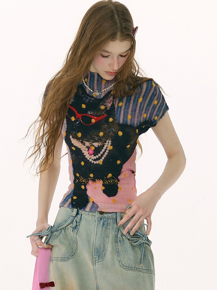 Polka Dot Cat Pleated T-Shirt【s0000016853】