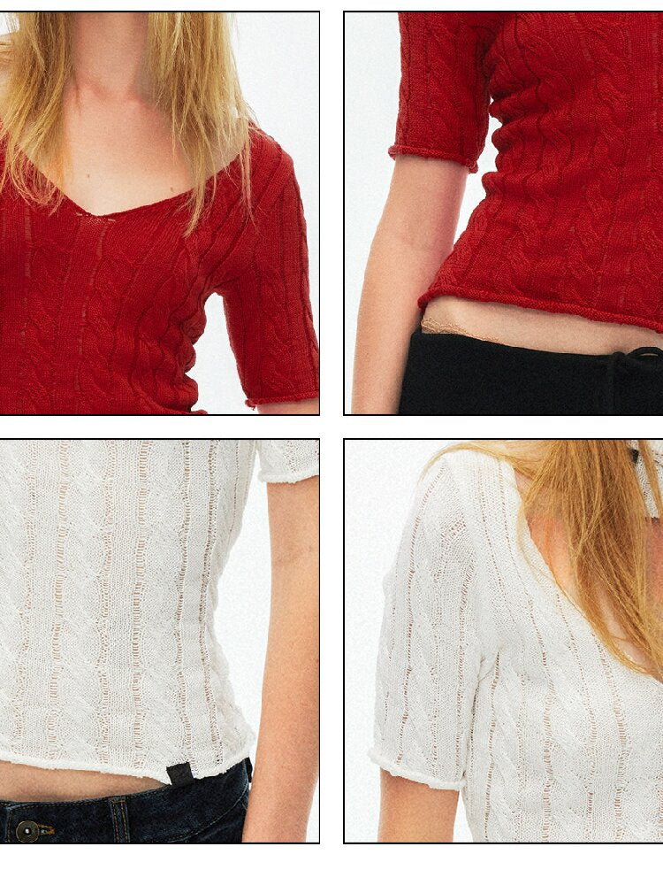 Cut Out Cable V-Neck Knit Top【s0000015928】