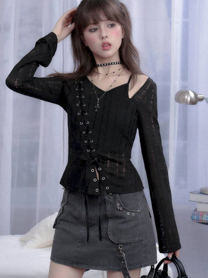 Openwork Knit Faux Two-Piece Top【s0000014368】