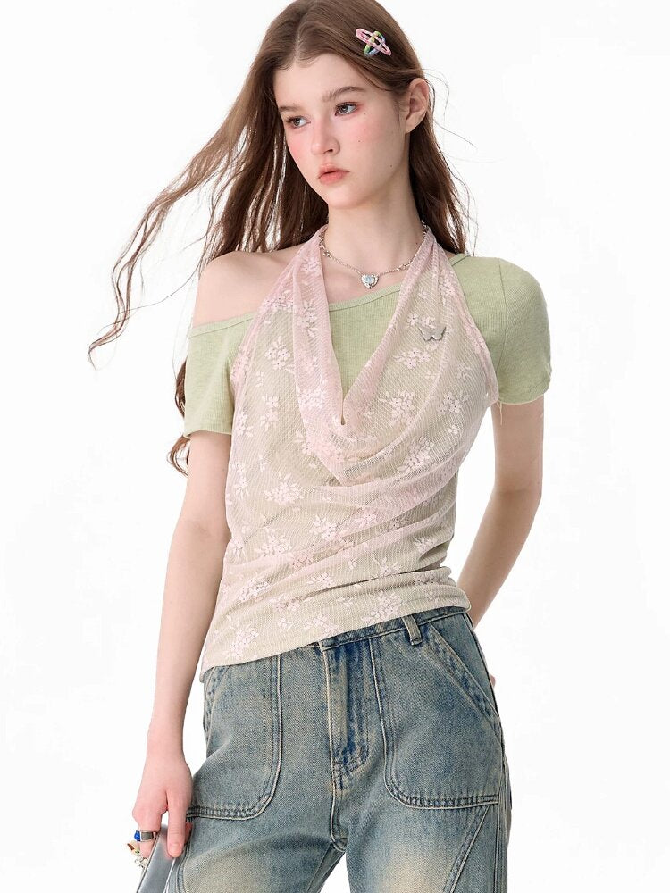 Fake Two-Piece Patchwork Lace Short T【s0000017682】