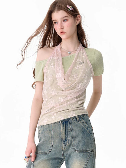 Fake Two-Piece Patchwork Lace Short T【s0000017682】
