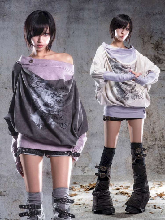 Batwing sleeve printed off-the-shoulder top【s0000014489】