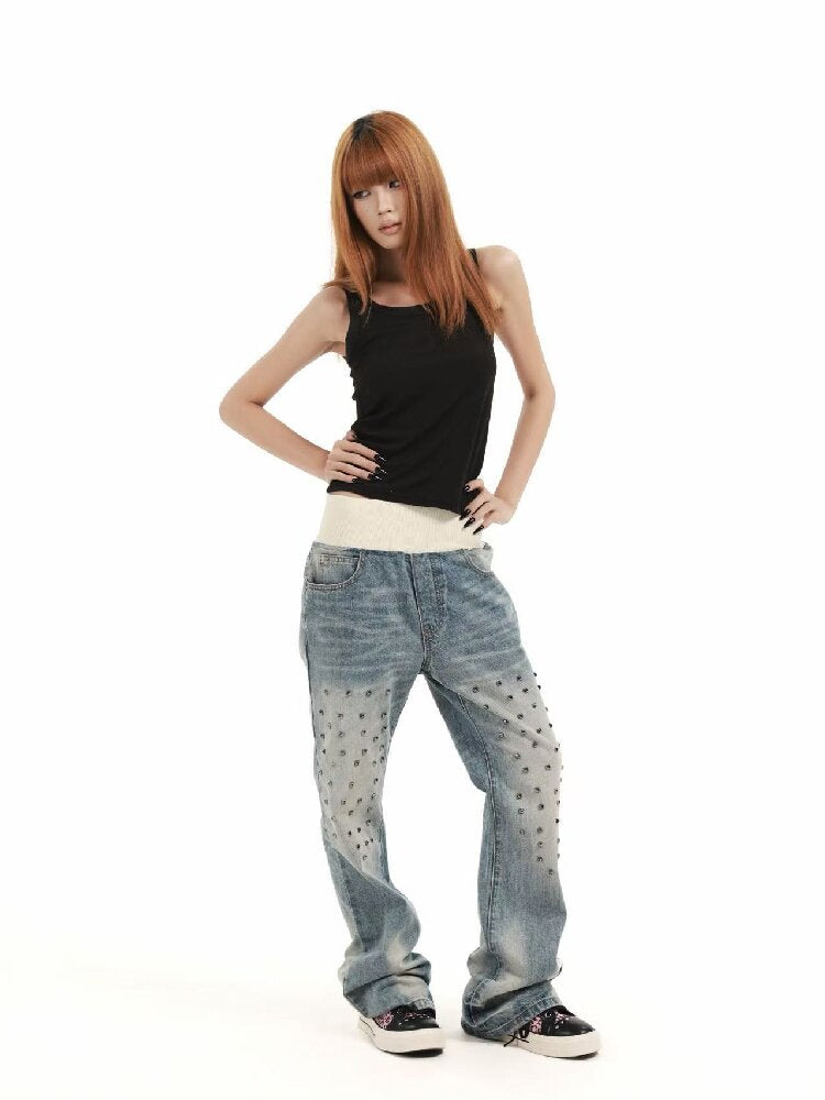 Patchwork Studded Straight Jeans【s0000018362】