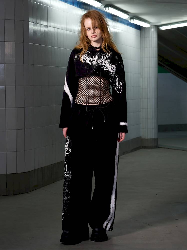 Splatter-Printed Lace-Trimmed Faux Two-Piece Hoodie【s0000014418】