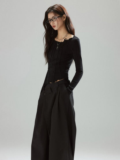 Black Panelled Split Line Top【s0000015598】