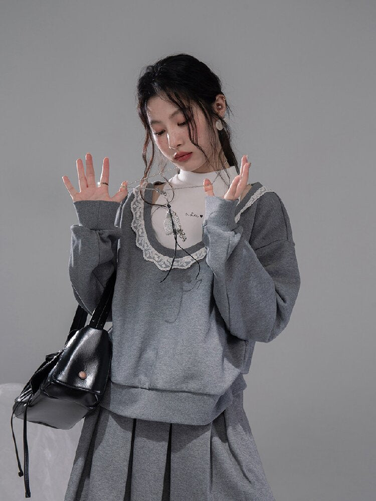 U-neck Sweatshirt Pleated Skirt Set【s0000015742】