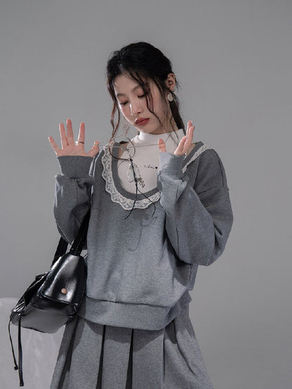 U-neck Sweatshirt Pleated Skirt Set【s0000015742】