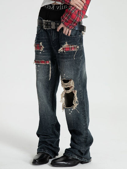 Red Plaid Patch Ripped Jeans【s0000018559】