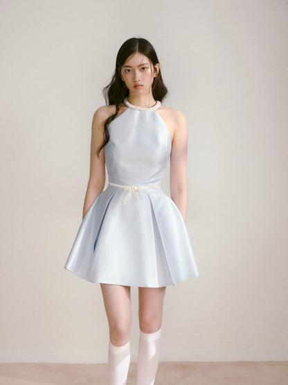 Satin Pearls Hanging Neck Dress【s0000013246】