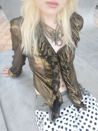 Metal antique bronze broken mesh cardigan【s0000013177】