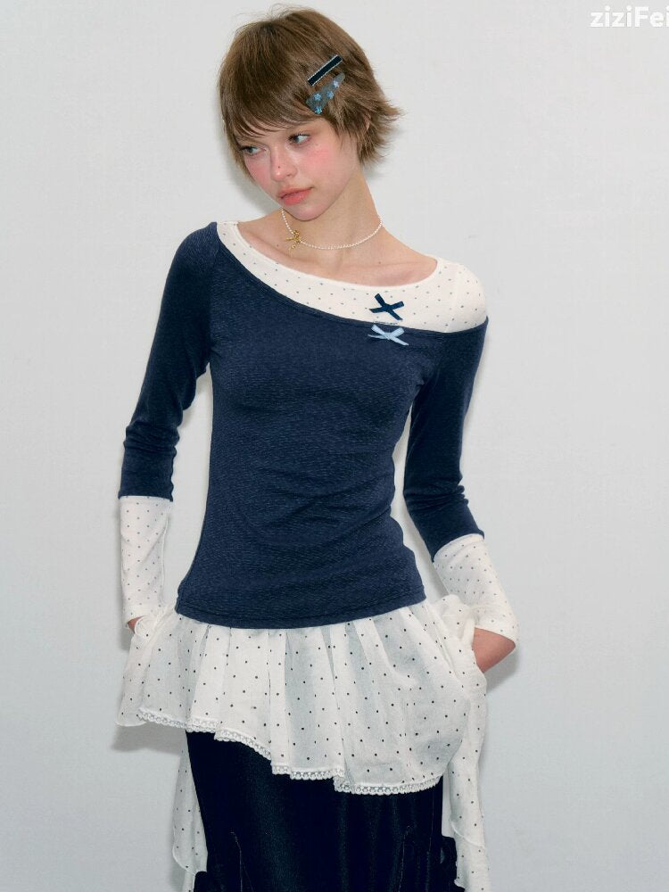 Polka Dot Patchwork Knit Top【s0000017892】