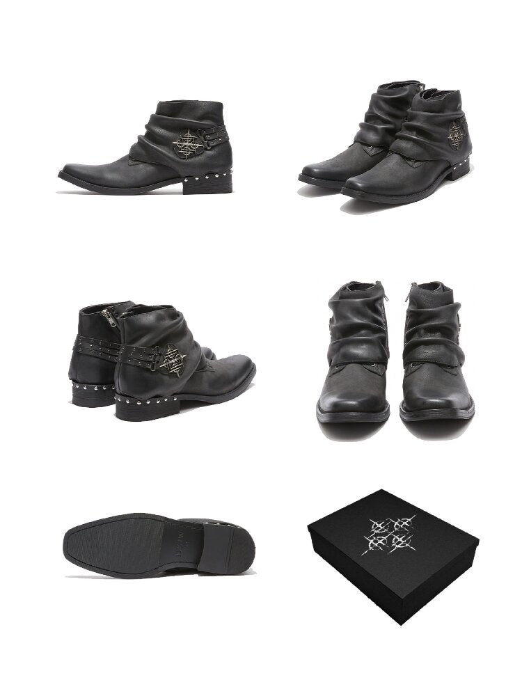 Waxed Leather Riveted Square Toe Boots【s0000019125】