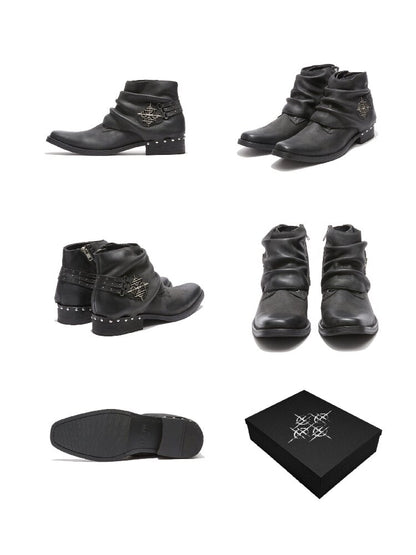 Waxed Leather Riveted Square Toe Boots【s0000019125】