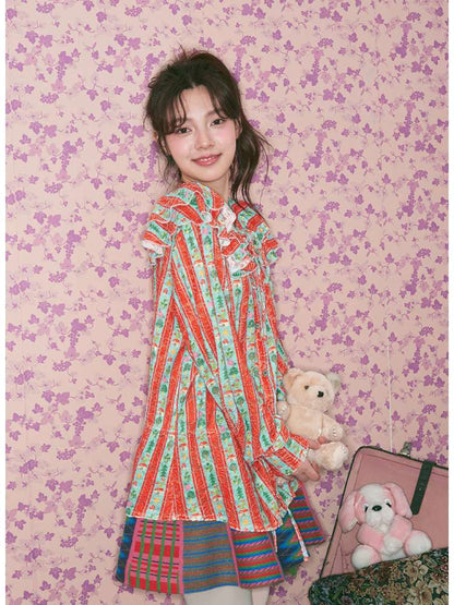 Red Green Stripe Lace Collar Shirt【s0000015368】