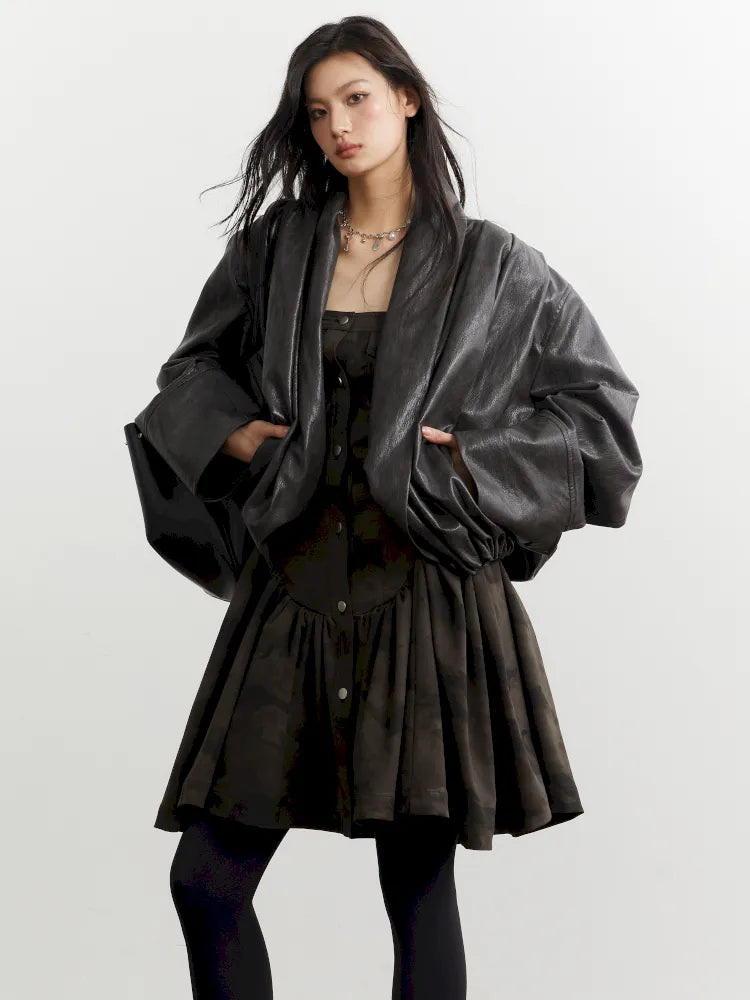 Pleated Silhouette Ebony Brown Faux Leather PU Jacket【s0000014032】