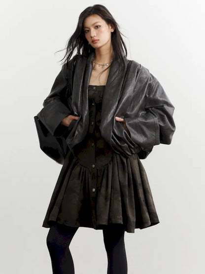 Pleated Silhouette Ebony Brown Faux Leather PU Jacket【s0000014032】