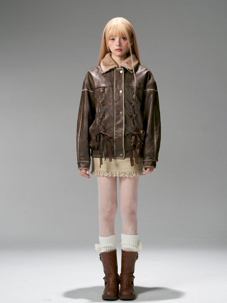 Lace Tie Brown Washed Scrub Color Fur Coat【s0000005321】