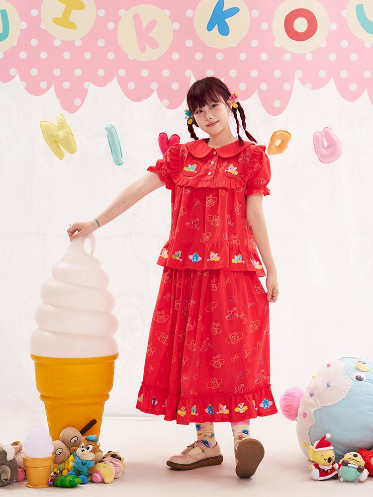 Animal angel heavy embroidery red doll shirt【s0000013184】