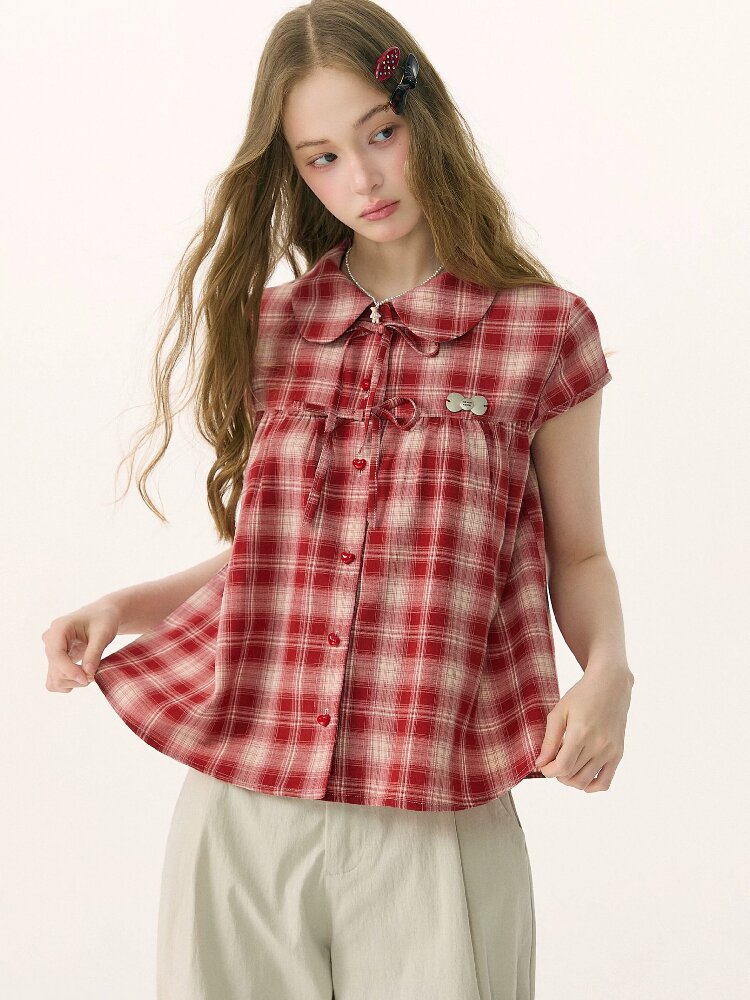 Doll Neck Bow Plaid Preppy Shirt【s0000016850】