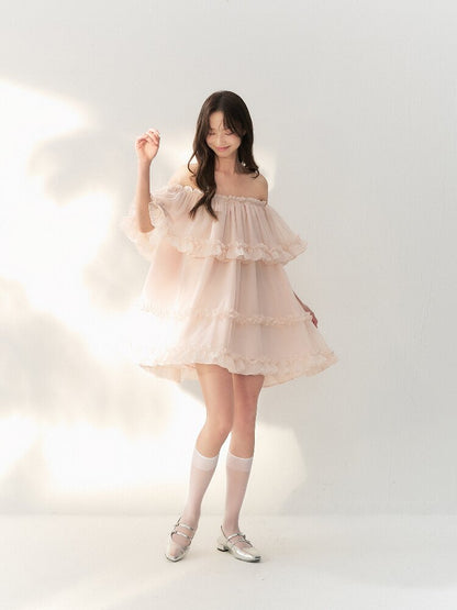 Tulle Layered Lace One Shoulder Dress【s0000016875】