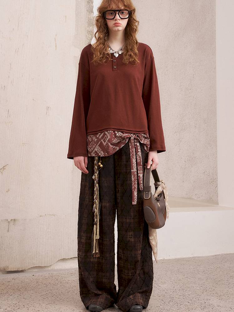 Textured straight leg loose plaid trousers【s0000014384】