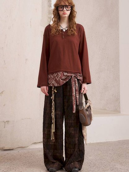 Textured straight leg loose plaid trousers【s0000014384】