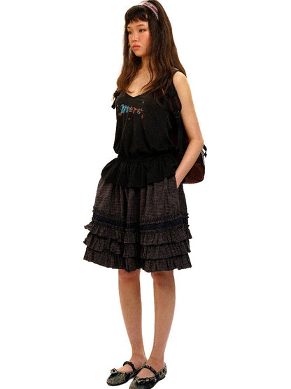 Plaid Lace Cake Heavy Duty Midi Skirt【s0000017432】